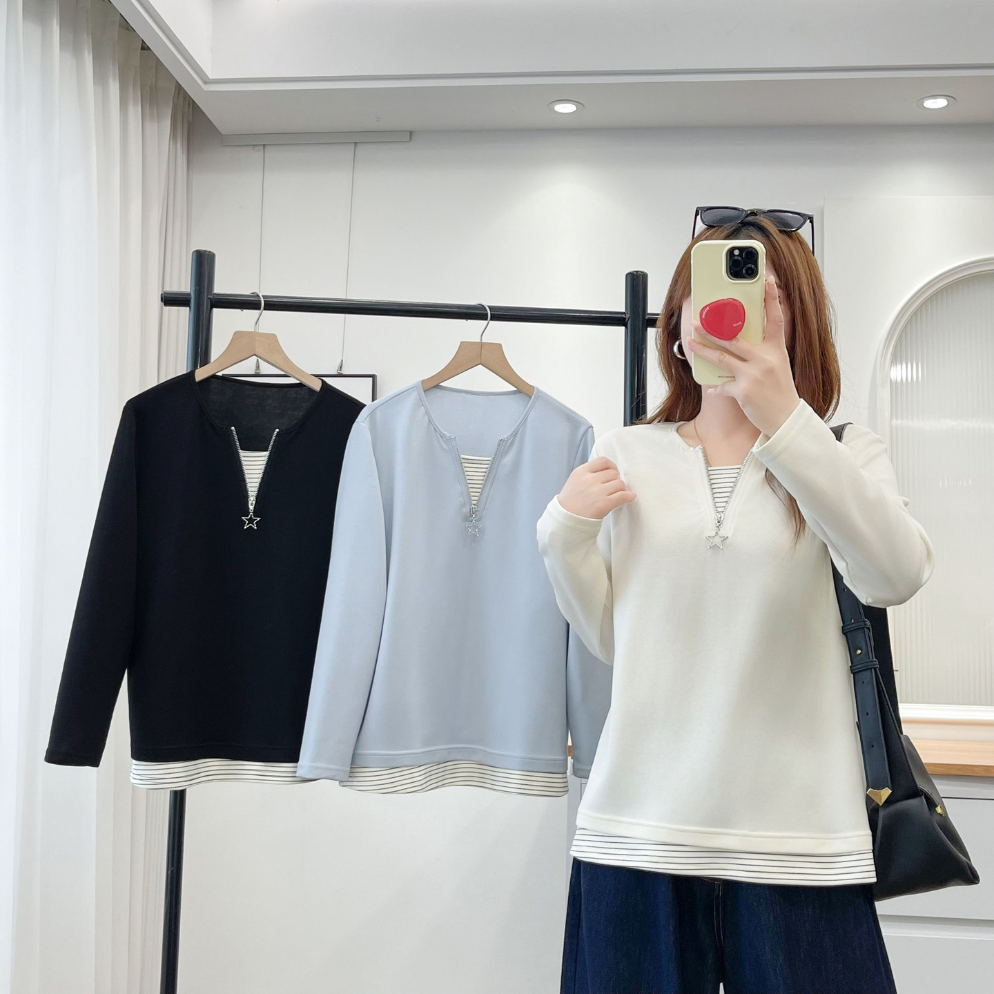 假两件上衣女大码胖mm遮肚子秋装2026新款条纹拼接显瘦正肩打底衫