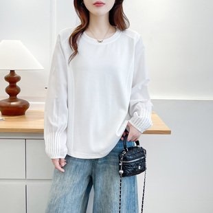 爆款 新款 胖mm200斤时尚 褶皱袖 t恤 大码 拼接休闲长袖 上衣女2025秋季