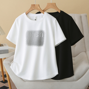 女装 胖mm200斤遮肚显瘦正肩半袖 烫钻字母短袖 新款 t恤2026夏季 大码