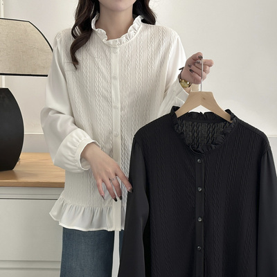 大码衬衫女春季法式木耳花边上衣