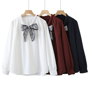 胖妹妹巨好看蝴蝶结飘带衬衫2026春季新款大码洋气套头遮肚子上衣