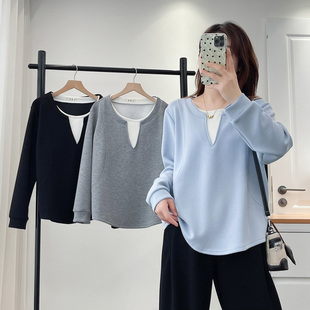 撞色拼接宽松休闲假两件上衣 大码 女士胖mm卫衣200斤秋季 2025新款