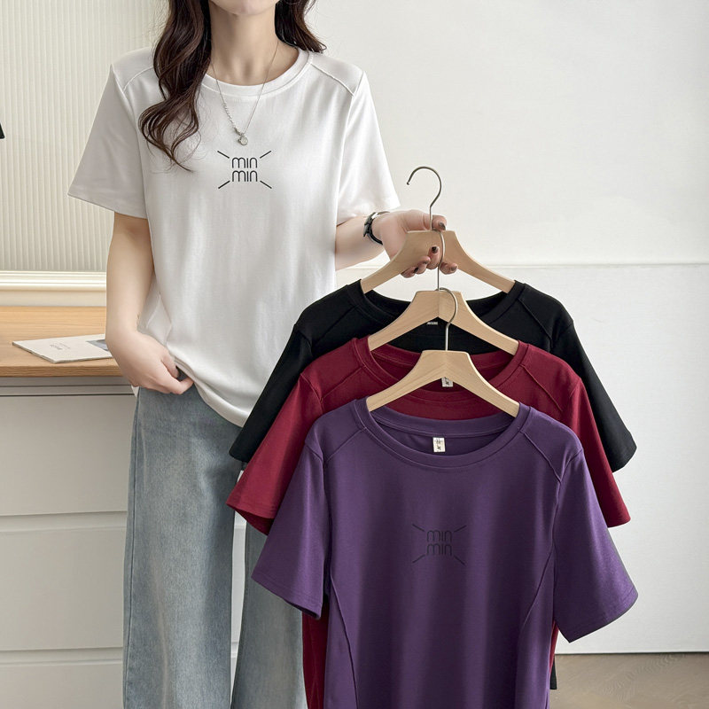 t恤女大码胖mm显瘦正肩短袖2025夏季新款字母印花鱼骨遮肚子半袖