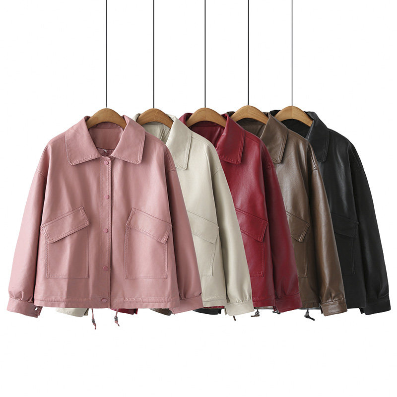pu皮衣外套女大码2024新款春装胖mm时尚下摆抽绳宽松翻领休闲夹克