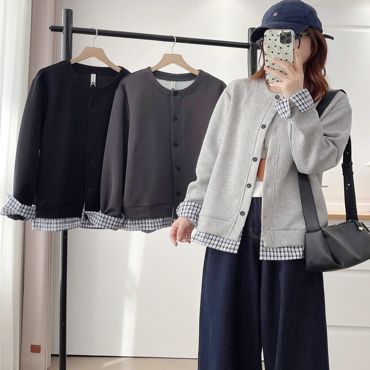 大码200斤外套女格子拼接假两件
