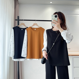 拼接宽松套头小衫 胖mm遮肚藏肉长袖 时尚 大码 上衣女2025年早秋新款