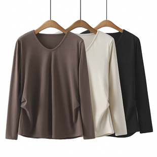 打底衫 v领侧边褶皱遮肚长袖 女大码 胖mm上衣时尚 t恤 2024年新款 春季