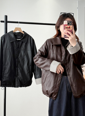 加绒皮衣女款2025新款大码胖妹mm200斤翻领下摆抽绳宽松pu皮外套