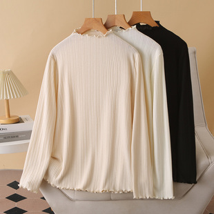 女大码 木耳花边提花针织长袖 秋季 胖m200斤时尚 上衣 2025新款 打底衫