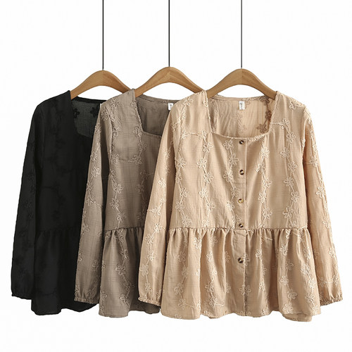 韩版衬衫秋季大码方领长袖娃娃衫