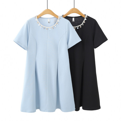 大码女夏季钉珠U型领短袖连衣裙