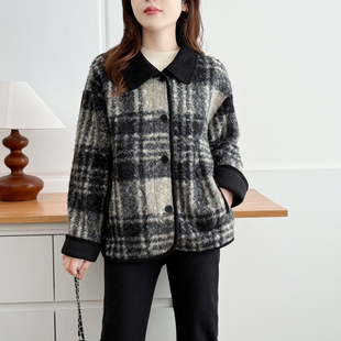 大码外套女装秋冬2025新款胖mm200斤时尚格纹宽松休闲毛圈呢上衣