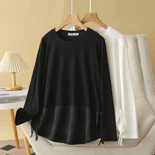 打底衫 盘扣开叉拼接长袖 200斤胖mm显瘦遮肚t恤秋季 国风上衣女大码
