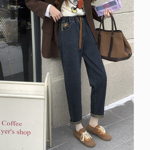 胖mm200斤加厚毛巾底宽松哈伦裤 2024秋冬新款 松紧腰女大码 牛仔裤