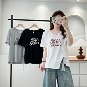 2025夏新款 大码 时尚 胖妹妹洋气t恤女短袖 蕾丝抽绳不规则字母半袖