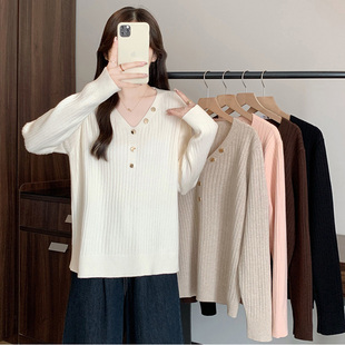 女针织衫 胖mm时尚 大码 新款 显瘦v领钉扣坑条打底毛衣 2025秋季 长袖
