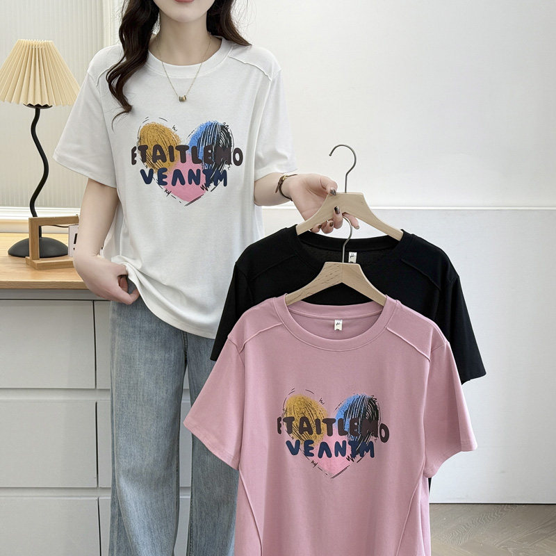 夏季大码女装短袖t恤2025新款胖mm爱心印花显瘦鱼骨线遮肚子半袖