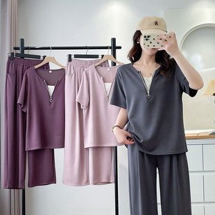 女大码 阔腿长裤 胖mm遮肚显瘦时尚 t恤 宽松两件套 短袖 休闲运动套装