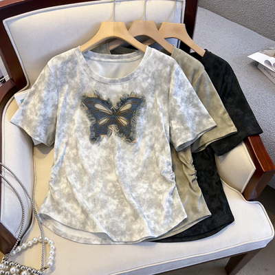 显瘦半袖胖mmt恤女2024年夏季新款大码200斤立体蝴蝶褶皱收腰上衣