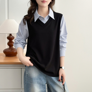 假两件衬衫女大码春季2026新款胖妹妹显瘦减龄遮肚子条纹拼接上衣