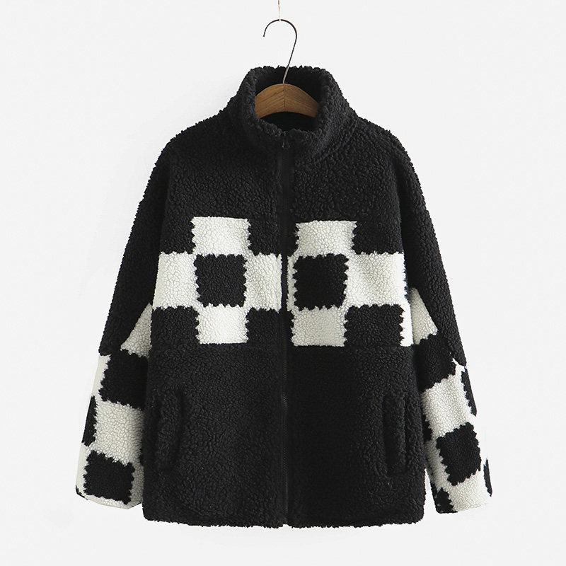 女加肥加大码洋气外套200斤胖mm韩版棋盘格拼接宽松立领毛绒大衣,女装/女士精品,短外套,淘宝优惠券,粉丝福利购,淘宝优惠卷