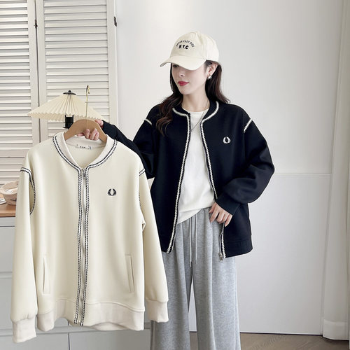 大码外套镶边刺绣宽松棒球服卫衣