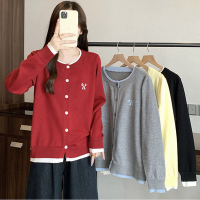 大码针织衫女开衫蝴蝶结刺绣上衣