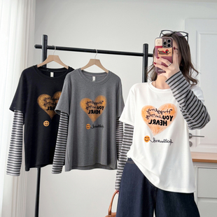 长袖 减龄假两件爱心印花打底衫 t恤新款 200斤女时尚 韩版 胖妹妹大码