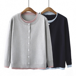 女2024新款 洋气拼色假两件圆领开衫 大码 上衣胖妹mm时尚 春季 针织衫