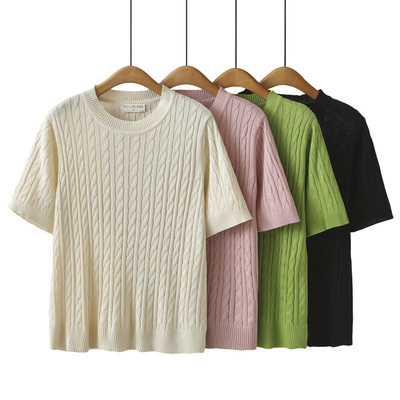 大码针织衫女短袖麻花纹冰丝t恤