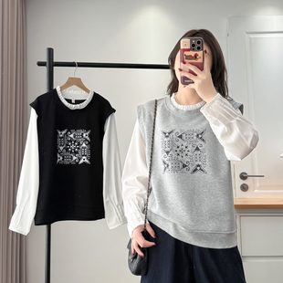 褶皱袖 胖mm大码 200斤时尚 新款 印花假两件卫衣 减龄上衣女2026春季