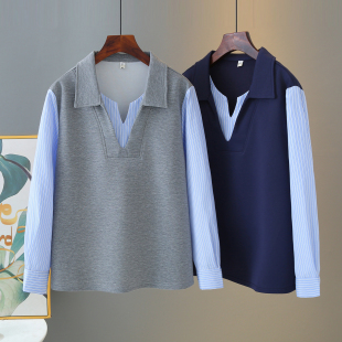 时尚 2026年新款 减龄条纹拼接假两件上衣 200斤春装 卫衣女胖mm大码