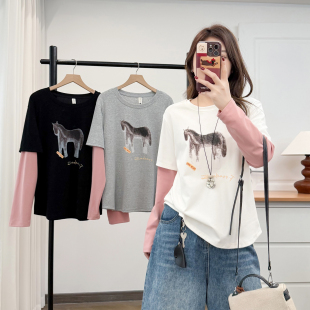 胖mm200斤小马印花撞色假两件打底衫 长袖 春季 2026年新款 t恤女大码