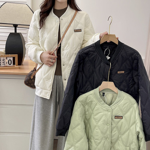 棉服外套女大码胖mm200斤秋冬2024新款韩版立领菱形格棒球服棉衣