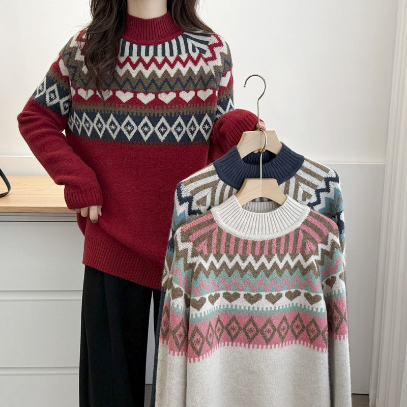大码毛衣女胖mm秋冬2024新款时尚民族风提花半高领打底针织衫上衣,女装/女士精品,毛针织衫,淘宝优惠券,粉丝福利购,淘宝优惠卷