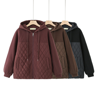 棉衣棉服加肥加大码 200斤拼接菱格宽松连帽夹棉外套 2025秋冬新款