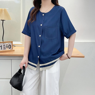 胖妹妹夏季 女2025年新款 时尚 大码 短袖 200斤蕾丝花边休闲半袖 衬衫