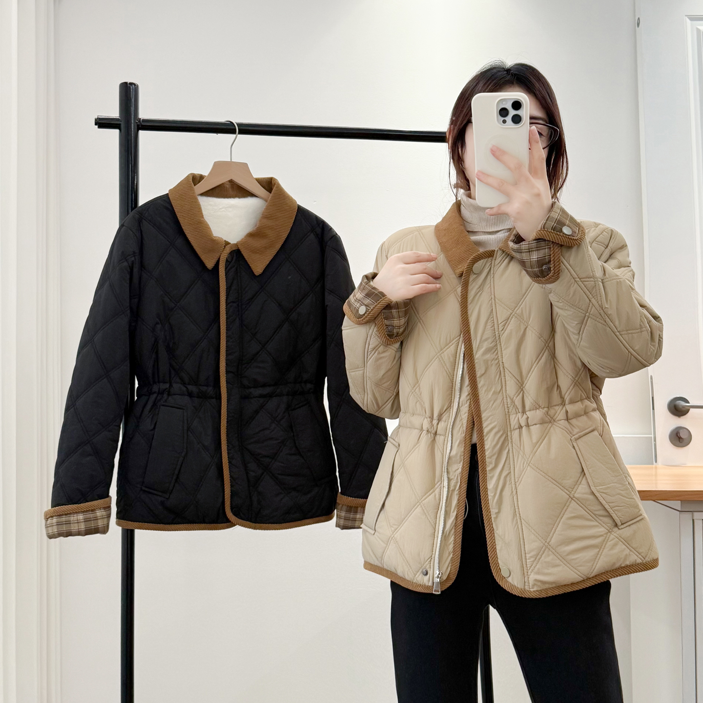 加绒棉服女大码拼色翻领收腰棉衣