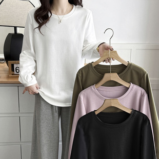 胖妹妹简约纯色圆领打底衫 t恤女大码 新款 2025春季 显瘦遮肚子长袖