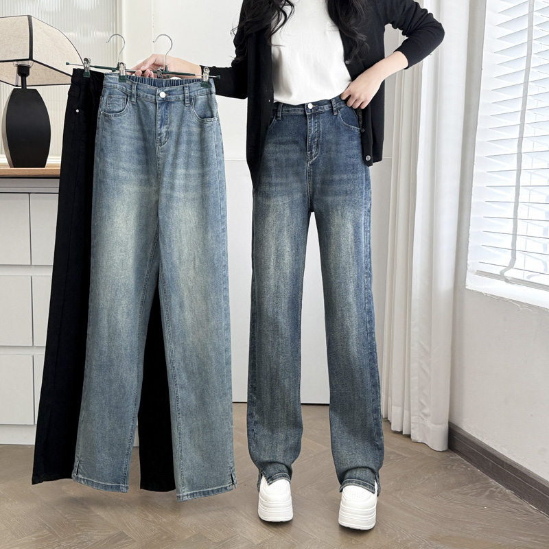 直筒牛仔裤女大码高腰裤脚开叉裤