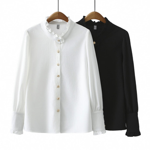 2025新款 时尚 韩版 衬衫 花边立领长袖 女胖m200斤春装 羊蹄袖 上衣 大码