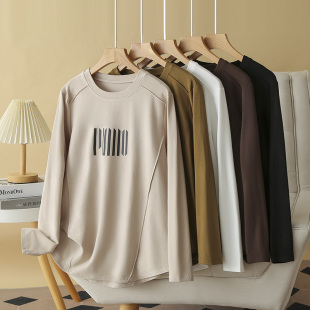 200斤时尚 春秋大码 2024新款 女胖mm长袖 印花显瘦弧形下摆t恤 打底衫