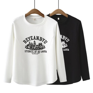 胖mm200斤正肩圆领印花空气层长袖 大码 新款 女2024年秋季 t恤 打底衫