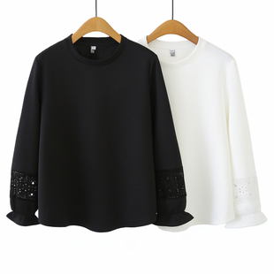 胖mm200斤时尚 长袖 新款 2026春装 镂空拼接正肩遮肚子t恤 上衣女大码