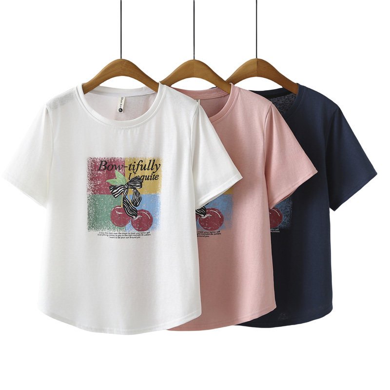 胖mmt恤200斤大码樱桃印花半袖女