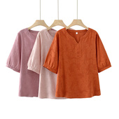 宽松短袖 女2025夏季 新款 大码 胖mm200斤小v领提花棉布休闲半袖 上衣