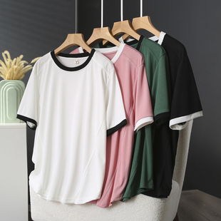胖mm200斤拼色圆领立体剪裁短袖 新款 上衣 2024年夏季 显瘦t恤女大码