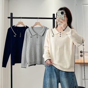 时尚 胖妹妹针织衫 新款 2025秋季 洋气蝴蝶结刺绣镂空套头毛衣女 大码