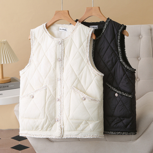 花边加绒菱格棉坎肩 时尚 小香风马甲大码 女胖mm200斤秋冬2025新款