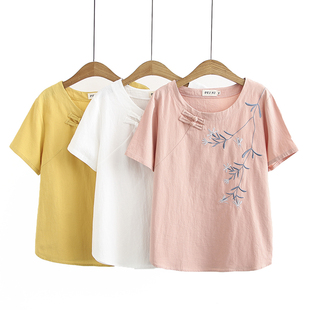 胖妹妹复古刺绣宽松棉麻半袖 国风盘扣短袖 2026新款 夏装 上衣女大码